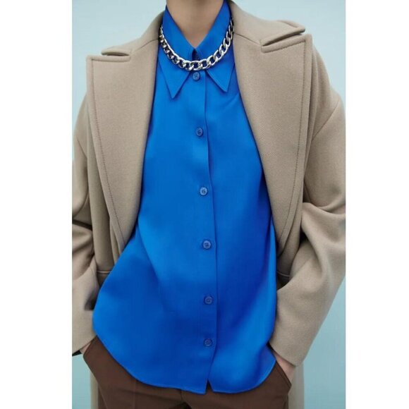 Zara Satin Effect Button Down Shirt Point Collar Long Sleeve Wide Cuff Blue S - Picture 10 of 10
